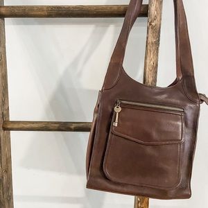 Fossil Vintage 1954 Brown Genuine Leather Shoulder Hobo Bag 75082 Double Strap